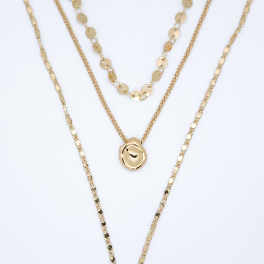 Triple Layered Gold - Green Gem Drop Necklace - Picture 2 of 6